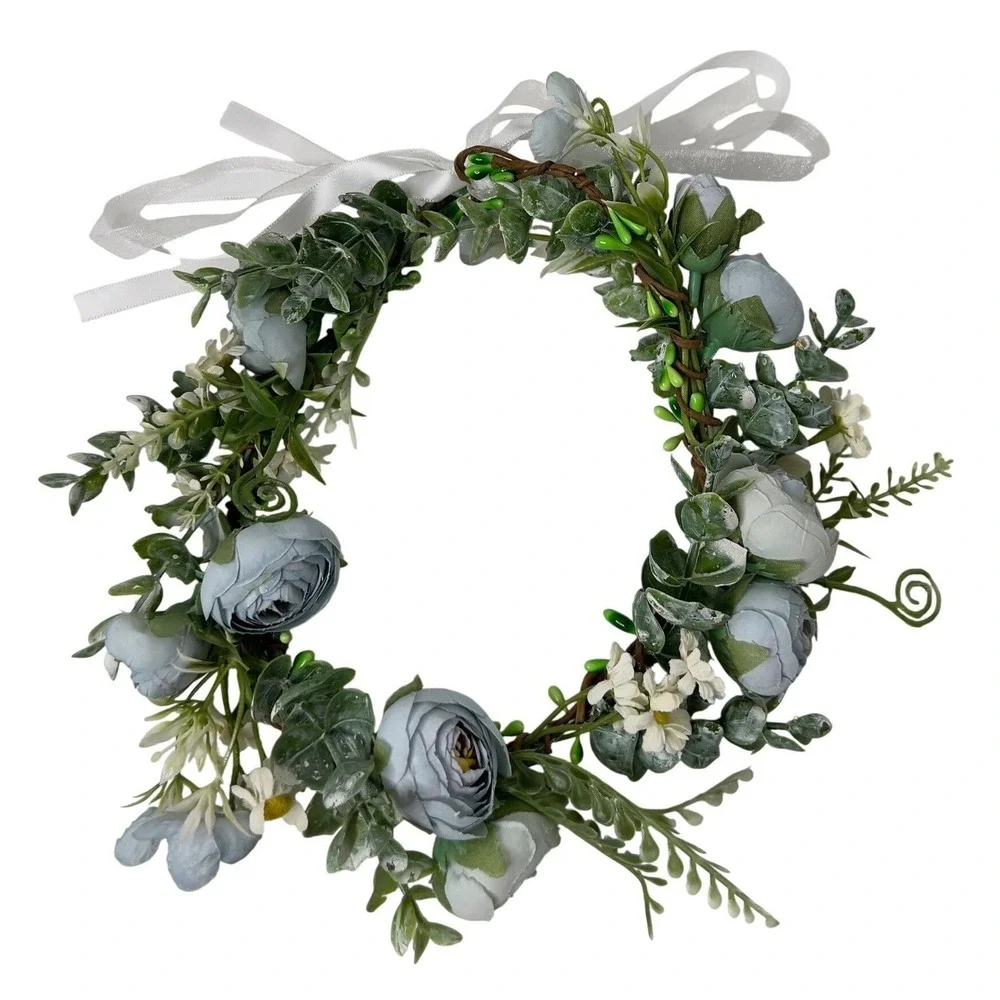Dusty Blue Floral Crown Flower Halo Adjustable Ribbon Wedding Festival Boho‎